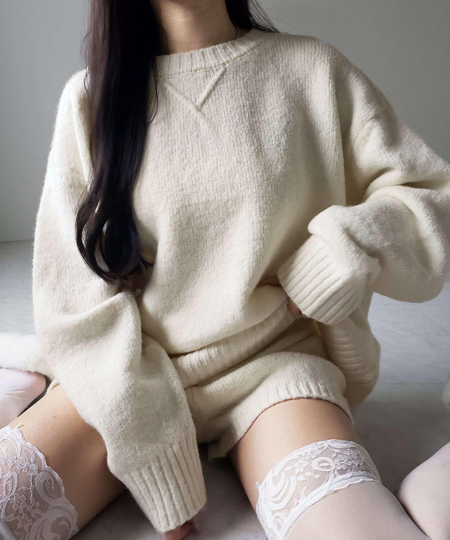 【 ニットセットアップ 】フラッフィーオーバーサイズニット ＋ ニットショートパンツ SET ／ fluffy over size knit + knit short pants SET