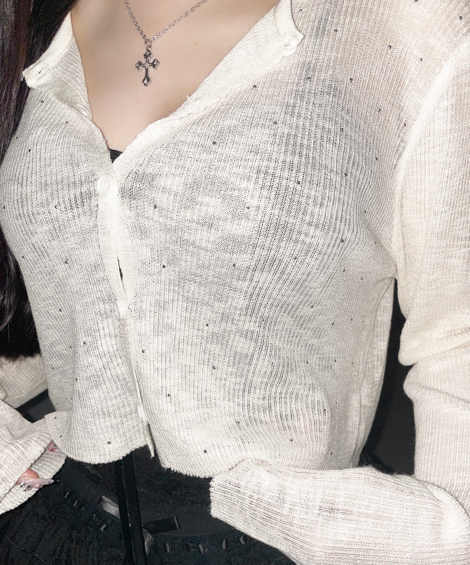 ラインストーンシアーニットカーディガン ／ Rhine stone sheer knit cardigan