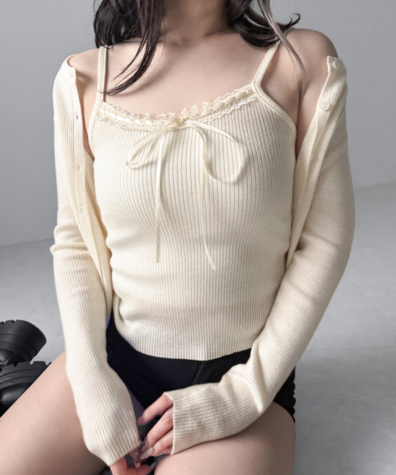 【 ２点セット 】リボンリブニットキャミソール ＋ カーディガンセット / ribbon rib knit camisole + cardigan set