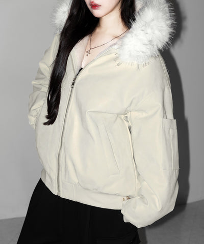 ファーフードヴィンテージフェイクレザーオーバーブルゾン ／ fur hooded vintage fake leather over blouson