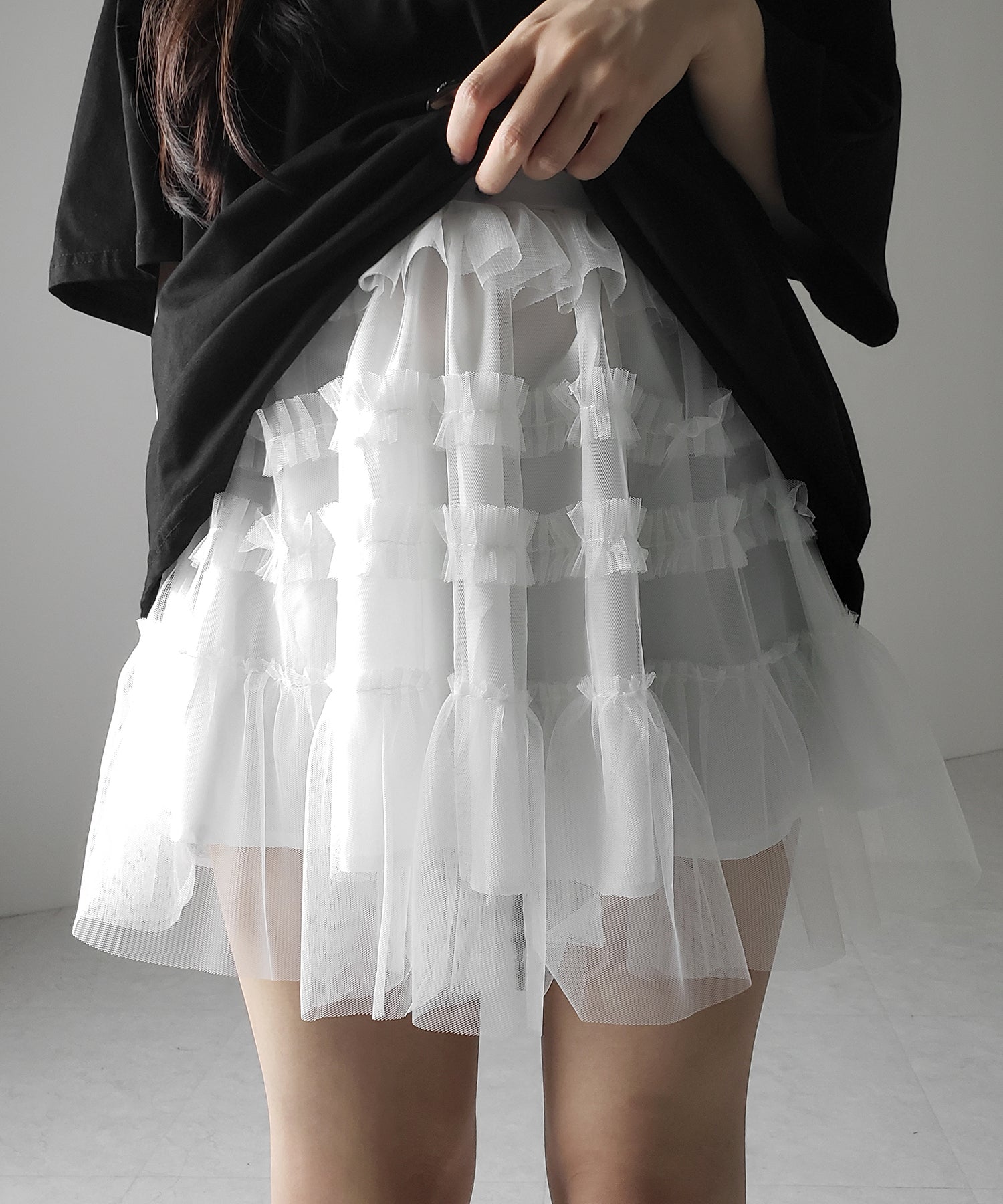 【 ２color 】シースルーフリルボリュームチュールミニスカート ／ see-through frill volum tulle mini skirt