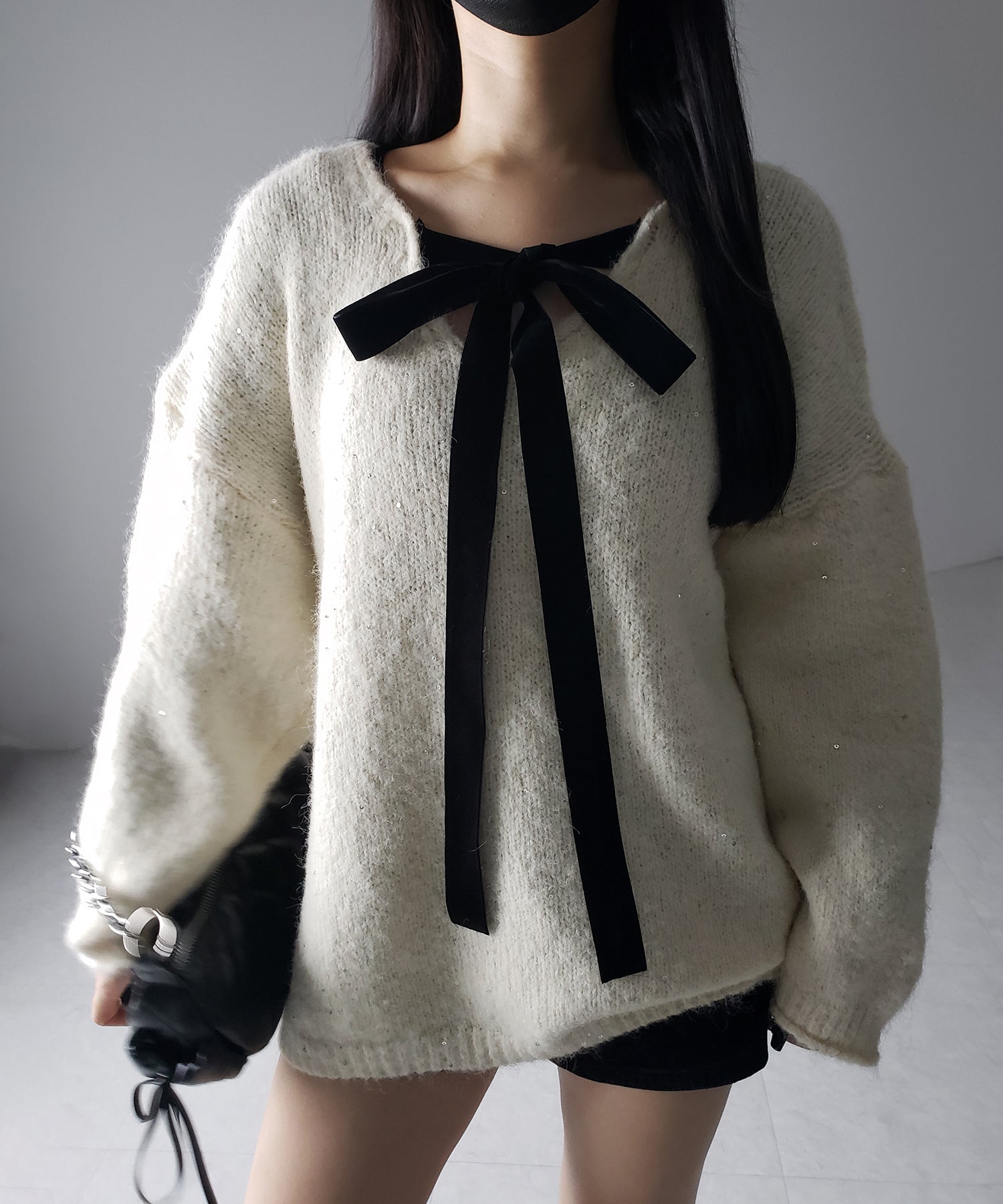 【 ２WAY 】ベロアリボンスパングルオーバーニット ／ velor ribbon spangle over knit