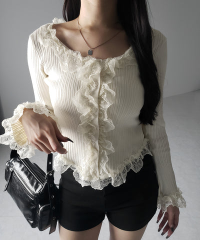 【 ３color 】レースフリルドッキングリブニットカーディガン ／ lace frill docking rib knit cardigan