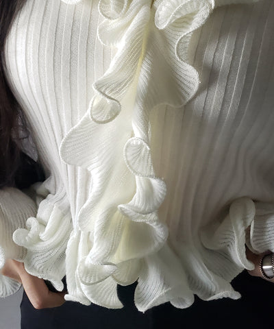 シアーフリル長袖リブニットカーディガン ／ sheer frill long-sleeve ribbed knit cardigan