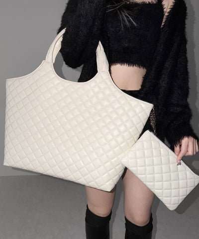 【 A4収納可 】フェイクレザーキルティングトートバッグ ／ fake leather quilted tote bag