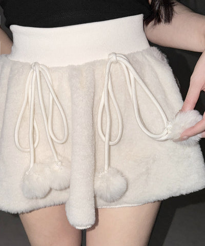 【 インパン裏地付き 】ポンポン付ファーフレアミニスカート ／ ponpon fur flare mini skirt