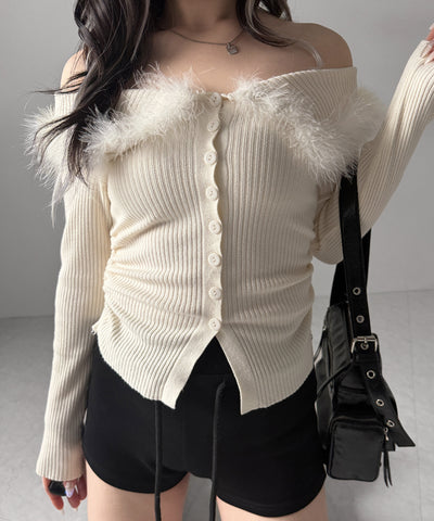 フェザーファー襟オフショルリブニットトップス ／feather fur collar off shoulder rib knit tops