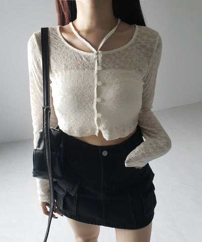 【 ２WAY 】クロスストラップリボンショートレースカーディガン ／ cross strap ribbon short lace cardigan