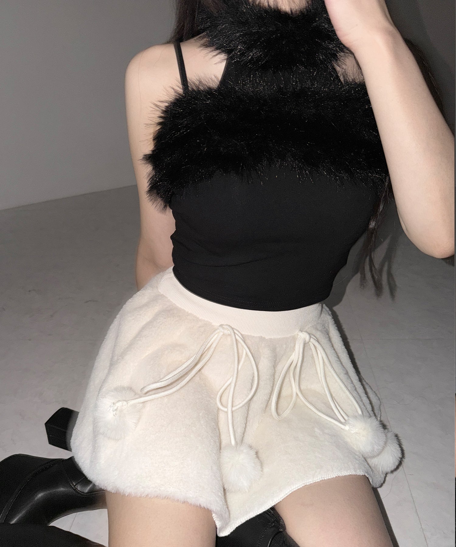 【 インパン裏地付き 】ポンポン付ファーフレアミニスカート ／ ponpon fur flare mini skirt