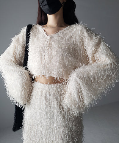 【 セットアップ可能 】シャギーフリンジショートカーディガン ／shaggy fringe short cardigan