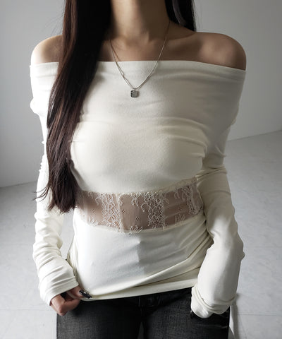 【 ２color 】ウエストレースカットアウトオフショルトップス ／ waist lace cutout offshoulder tops