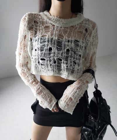 【 ２color 】クラッシュダメージショートシアーニット ／ crush damage short sheer knit