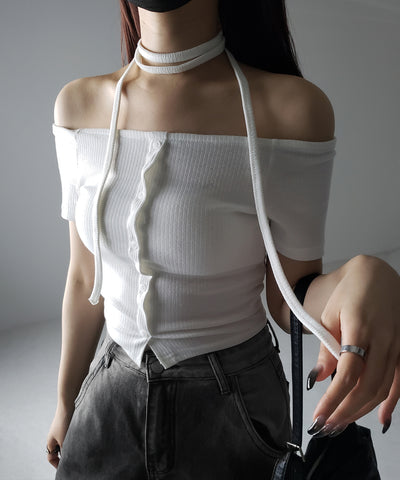 【 ２WAY 】ストラップリボンオフショルダーリブトップス ／ strap ribbon off shoulder rib tops