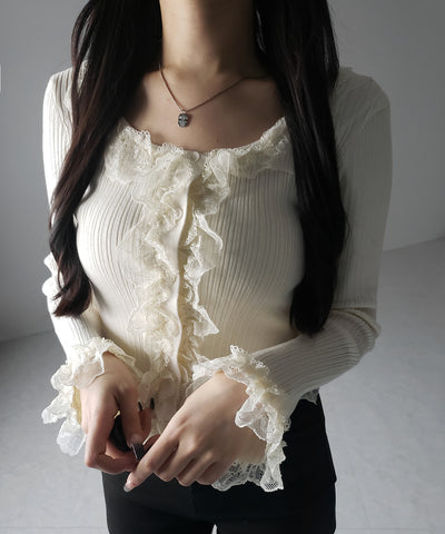 【 ３color 】レースフリルドッキングリブニットカーディガン ／ lace frill docking rib knit cardigan