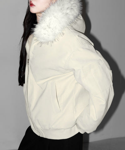 ファーフードヴィンテージフェイクレザーオーバーブルゾン ／ fur hooded vintage fake leather over blouson