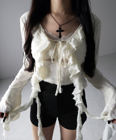 【 ２color 】ダメージフリルショートリボンカーディガン ／ damage frill short ribbon cardigan