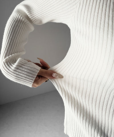 フロントボタンヘンリーネックスリムリブニット ／ Front button henley neck slim rib knit