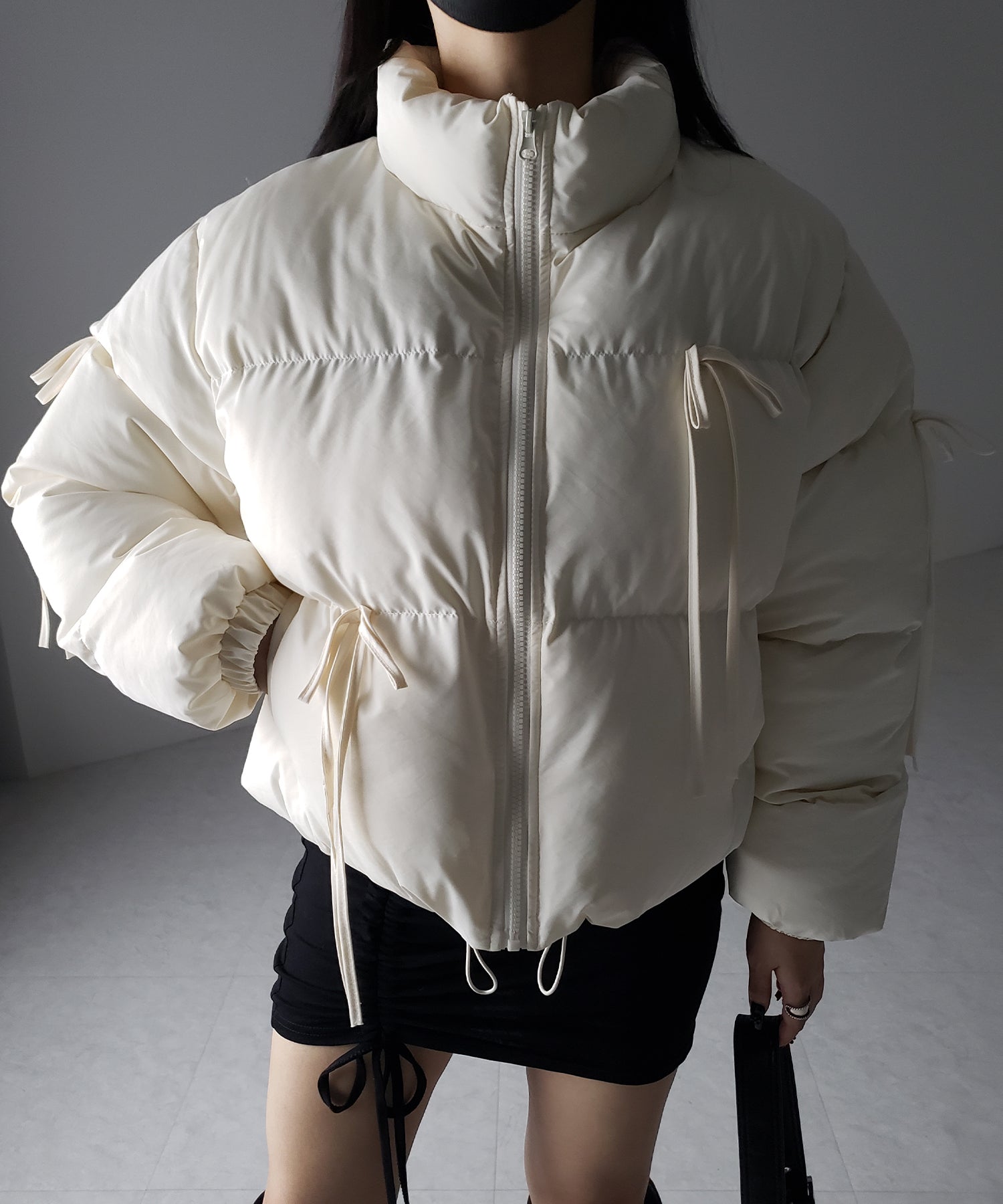 【 選べる３色展開 ／ 裾絞り可能２WAY 】ストラップリボンショートパフダウンジャケット ／ strap ribbon short puff down jacket