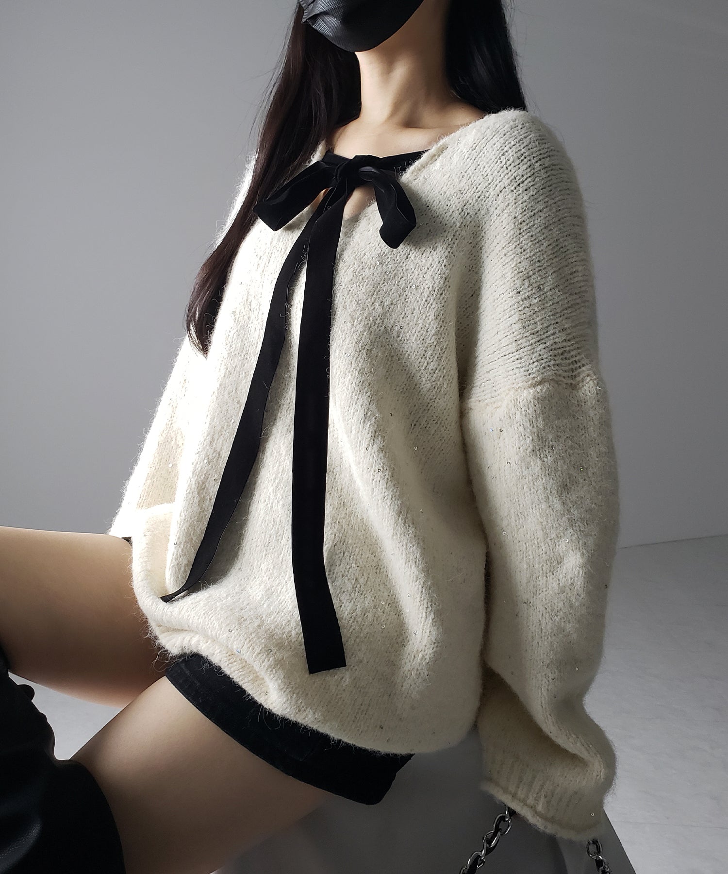 【 ２WAY 】ベロアリボンスパングルオーバーニット ／ velor ribbon spangle over knit
