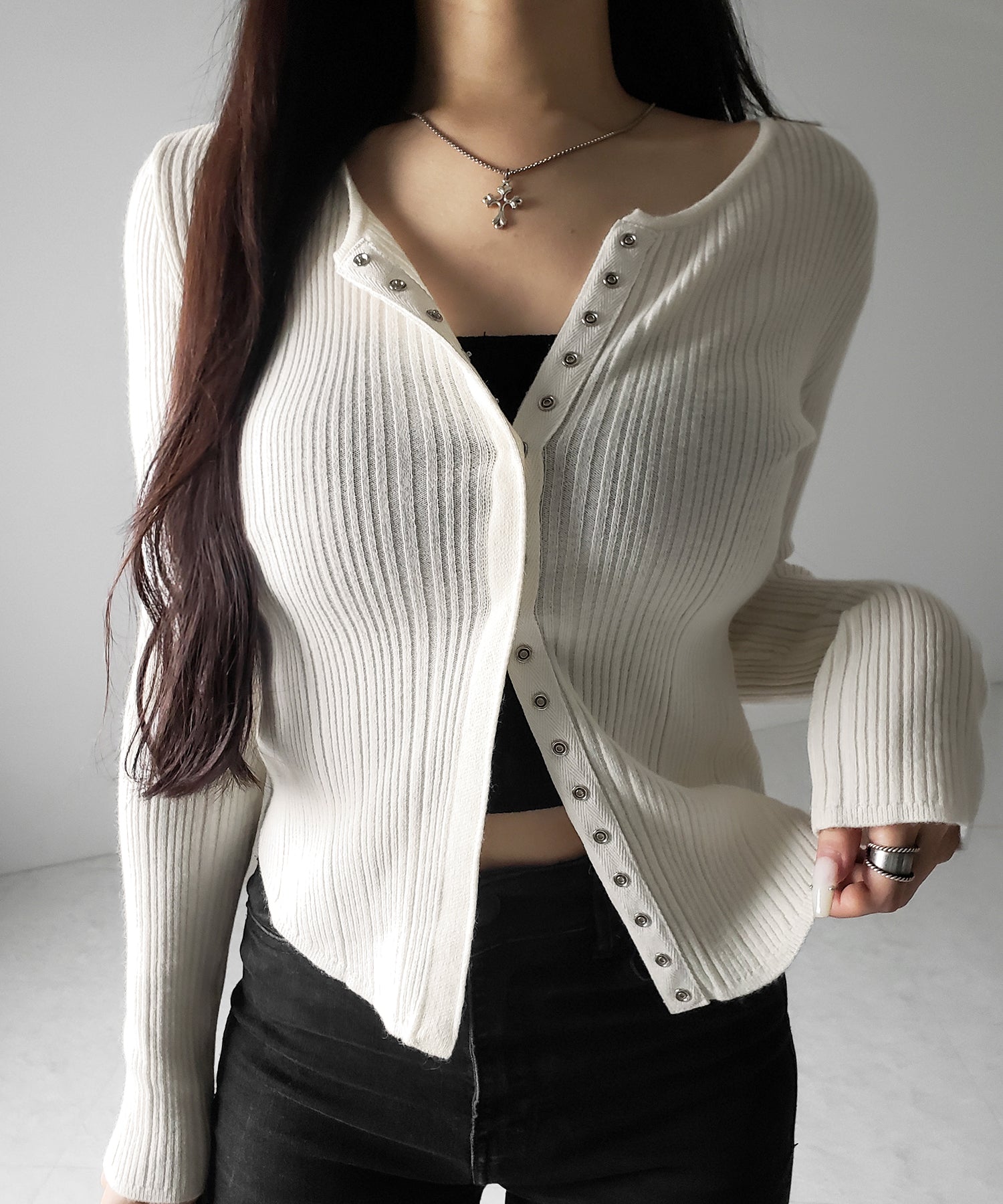 【 ３color 】スナップボタンリブニットスリムカーディガン ／ snap button rib knit slim cardigan