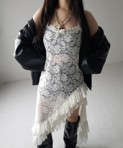 【 ２color 】アシンメトリーフリルレイヤードレースキャミワンピース ／ asymmetry frill layered lace cami onepiece