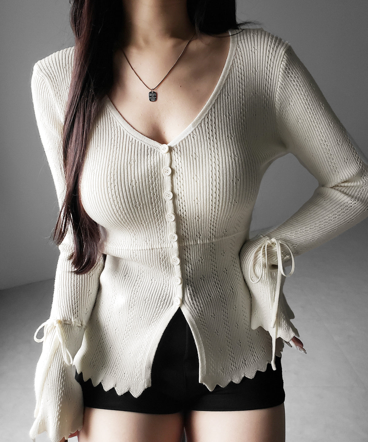 フレアリボンスリーブ透かし編みニットカーディガン ／ flare ribbon sleeve openwork knit cardigan