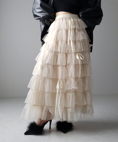 【 ４color 】ストラップリボンバレエコアチュールスカート ／strap ribbon ballet core tulle skirt