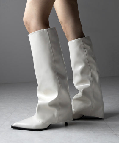 【 ２color 】ポインテッドトゥフェイクレザーカバーロングブーツ ／ pointed toe fake leather covered long boots