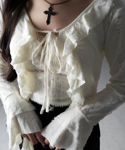 【 ２color 】ダメージフリルショートリボンカーディガン ／ damage frill short ribbon cardigan
