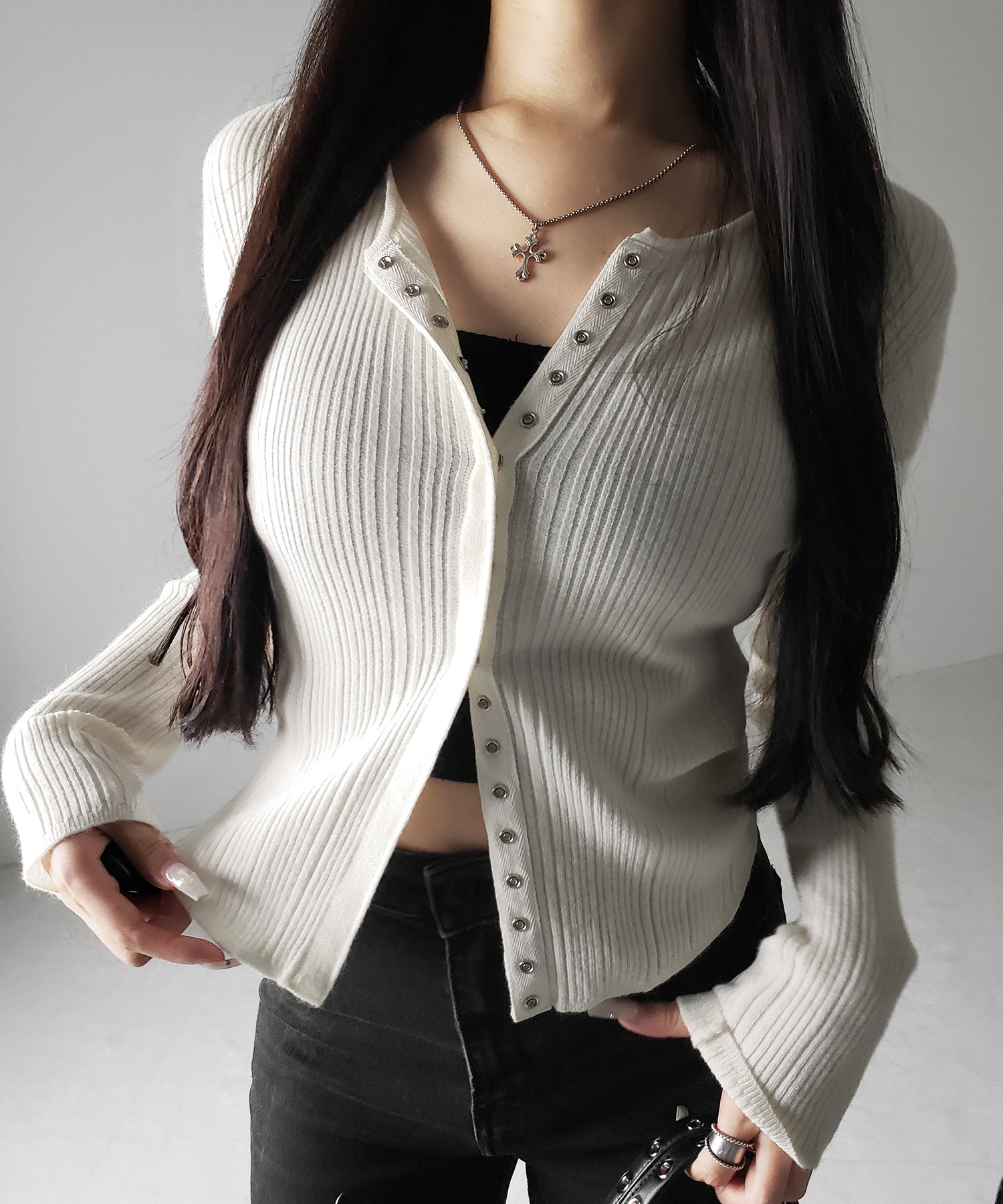 【 ３color 】スナップボタンリブニットスリムカーディガン ／ snap button rib knit slim cardigan
