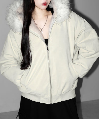 ファーフードヴィンテージフェイクレザーオーバーブルゾン ／ fur hooded vintage fake leather over blouson