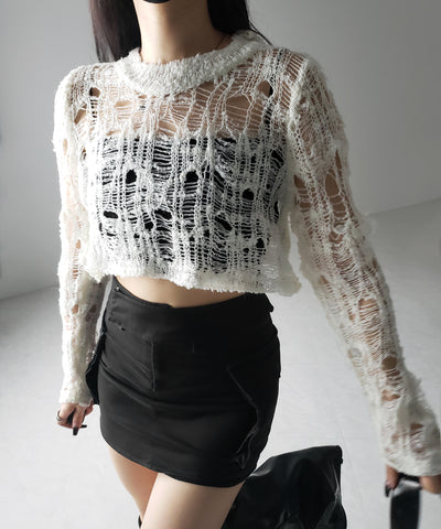 【 ２color 】クラッシュダメージショートシアーニット ／ crush damage short sheer knit
