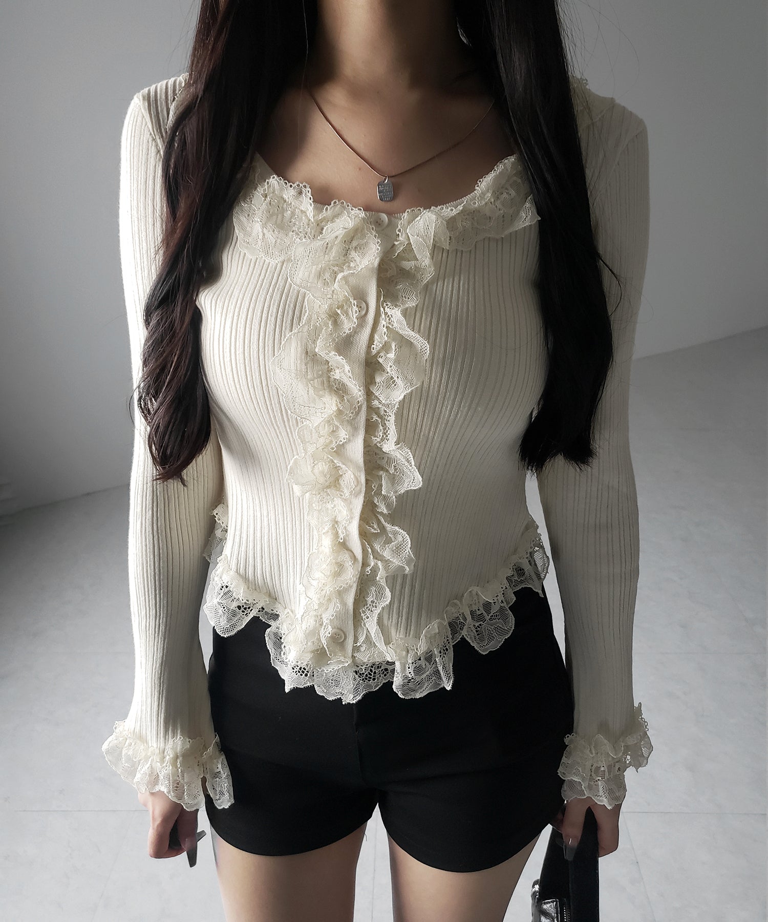 【 ３color 】レースフリルドッキングリブニットカーディガン ／ lace frill docking rib knit cardigan