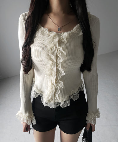 【 ３color 】レースフリルドッキングリブニットカーディガン ／ lace frill docking rib knit cardigan