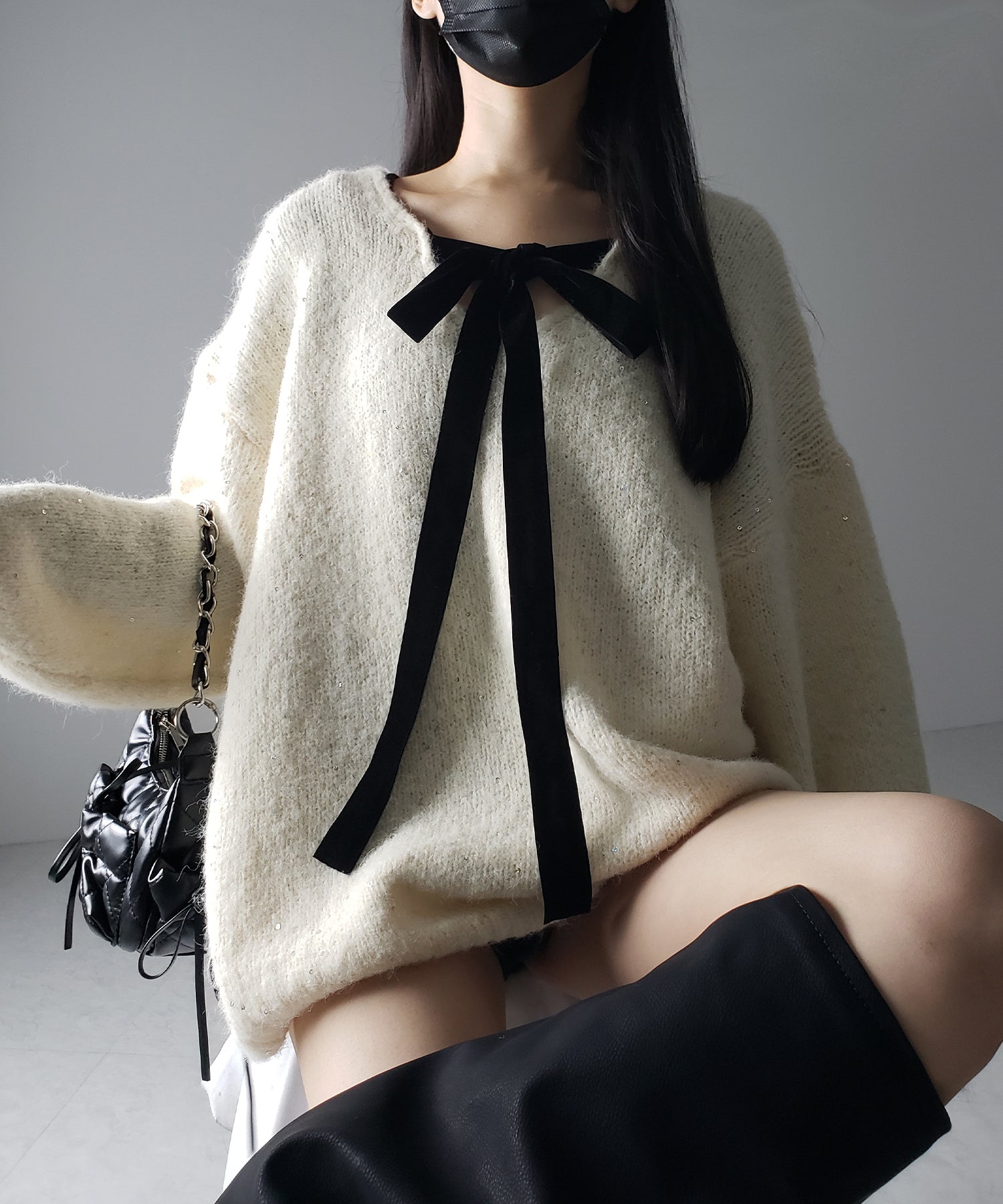 【 ２WAY 】ベロアリボンスパングルオーバーニット ／ velor ribbon spangle over knit