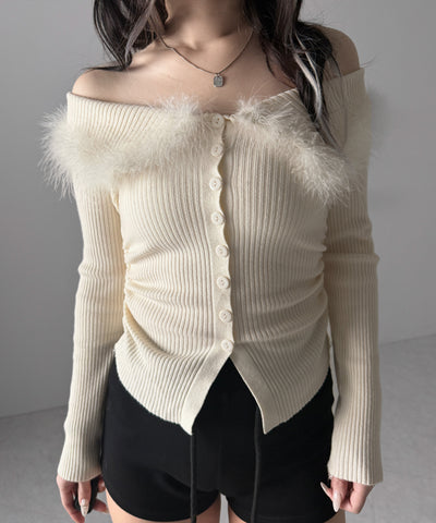フェザーファー襟オフショルリブニットトップス ／feather fur collar off shoulder rib knit tops