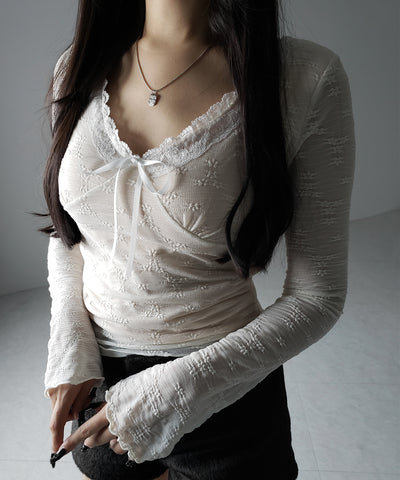 フロントリボンレイヤードレーストップス ／ front ribbon layered lace tops