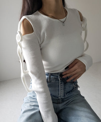 【 ３color 】カットアウトショルダーリボンリブトップス ／ Cut-out shoulder ribbon rib tops