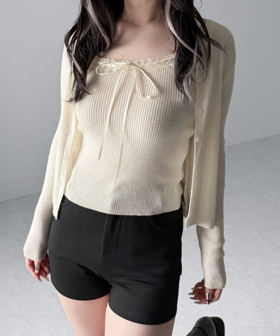 【 ２点セット 】リボンリブニットキャミソール ＋ カーディガンセット / ribbon rib knit camisole + cardigan set