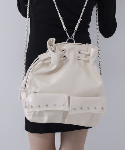 【 ２WAY 】フェイクレザースタッズポケット巾着ショルダーバッグ ／ ( 2WAY ) fake leather studs pocket drawstring shoulder bag