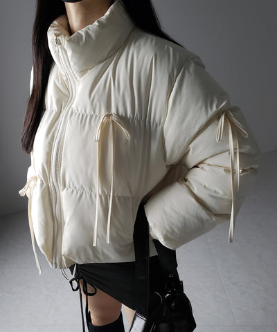 【 選べる３色展開 ／ 裾絞り可能２WAY 】ストラップリボンショートパフダウンジャケット ／ strap ribbon short puff down jacket