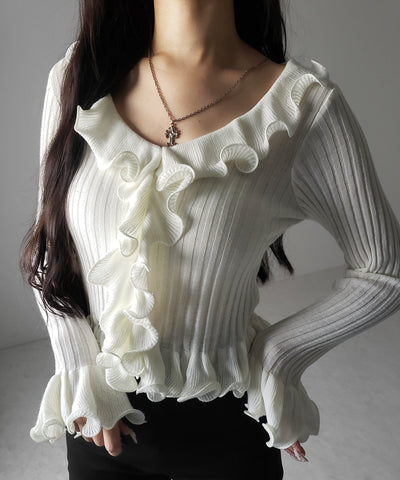 シアーフリル長袖リブニットカーディガン ／ sheer frill long-sleeve ribbed knit cardigan