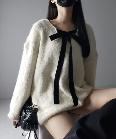【 ２WAY 】ベロアリボンスパングルオーバーニット ／ velor ribbon spangle over knit
