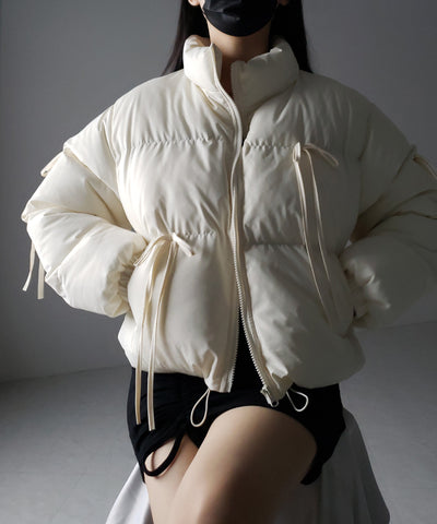 【 選べる３色展開 ／ 裾絞り可能２WAY 】ストラップリボンショートパフダウンジャケット ／ strap ribbon short puff down jacket