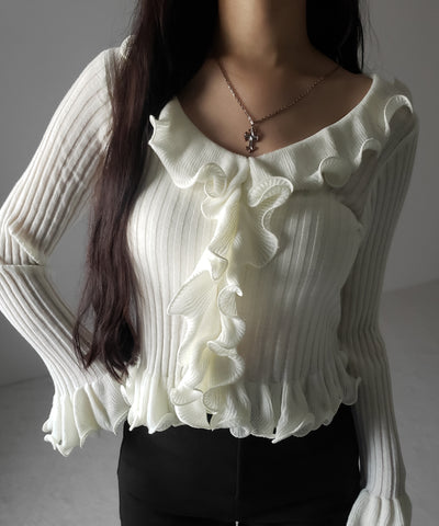 シアーフリル長袖リブニットカーディガン ／ sheer frill long-sleeve ribbed knit cardigan