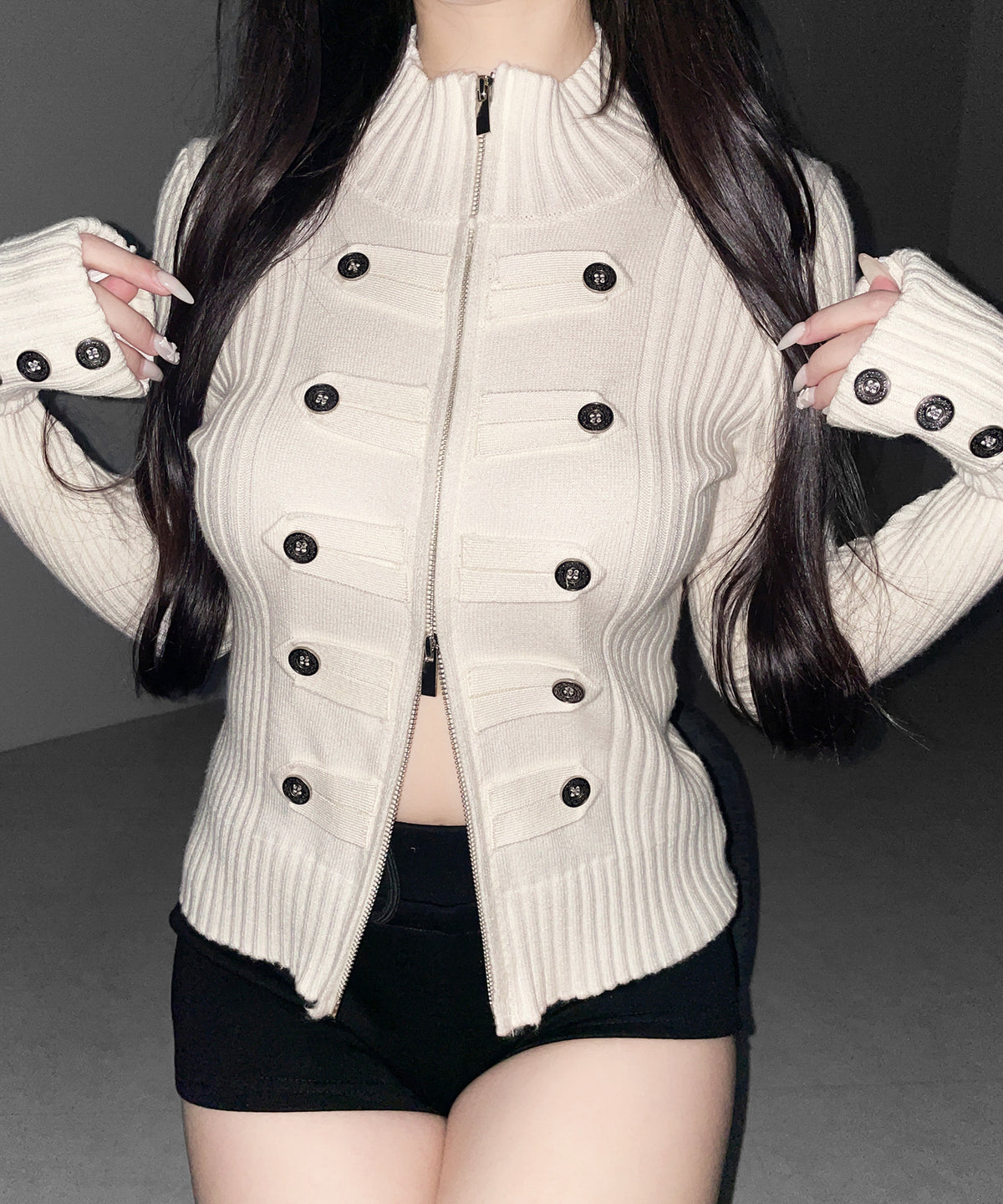 ナポレオンジップアップスリムリブニットカーディガン ／ Napoleon zipup slim rib knit cardigan