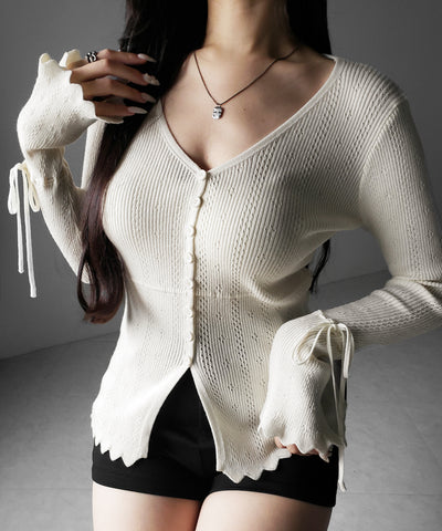 フレアリボンスリーブ透かし編みニットカーディガン ／ flare ribbon sleeve openwork knit cardigan