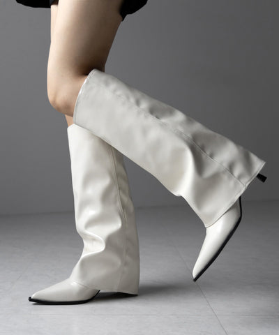 【 ２color 】ポインテッドトゥフェイクレザーカバーロングブーツ ／ pointed toe fake leather covered long boots