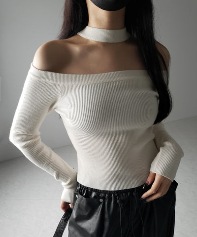 【 ２color 】チョーカーオフショルリブニットトップス ／choker offshoulder lib knit tops