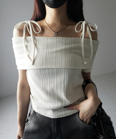 【 ２color 】ダブルリボンオフショルダーリブトップス ／ double ribbon off-shoulder rib tops